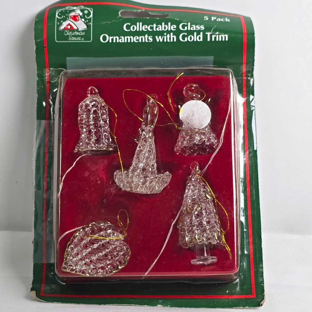 Christmas House Glass Christmas Ornaments Clear Gold Trim Hanging Set of 5